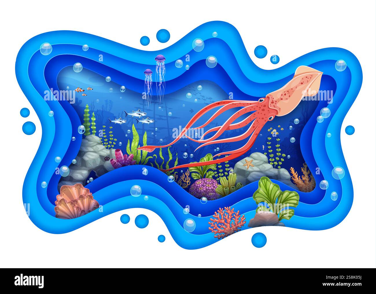 Paper cut underwater landscape with squid, fish shoal, seaweeds and ...