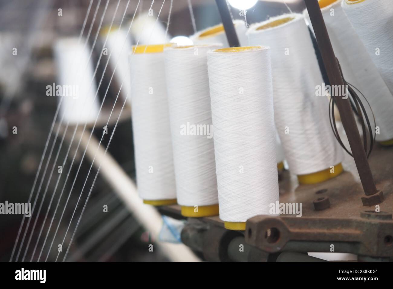 The production of spools of thread occurs in a textile factory setting ...
