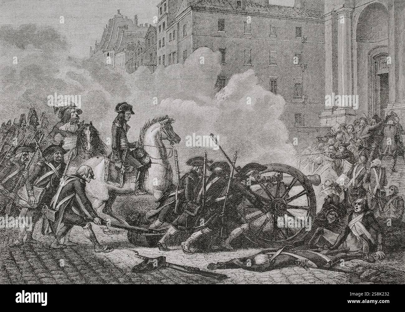 French Revolution. 13 Vendémiaire Year IV (5 October 1795). Royalist insurrection in Paris against the anti-monarchist policies of the Thermidorian Reaction. It was suppressed and quelled by French Republican troops commanded by General Napoleon Bonaparte (1769-1821). Napoleon crushing the royalist rebellion in front of the Church of Saint-Roch in Paris. Drawing by Renaud. Engraving by Jonnard. 'History of the French Revolution'. Volume I, part 2, 1879. Stock Photo