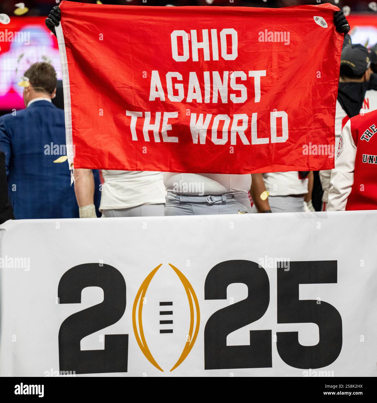 Ohio State players celebrate after winning the College Football Playoff