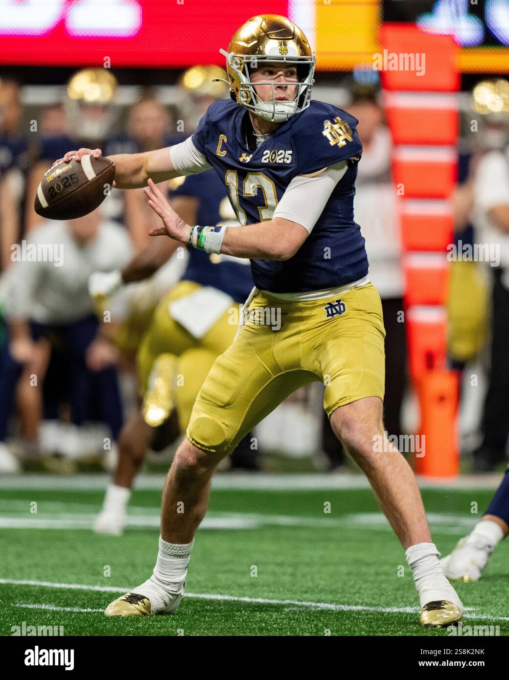 Notre Dame quarterback Riley Leonard (13) passes the ball against Ohio State during the College