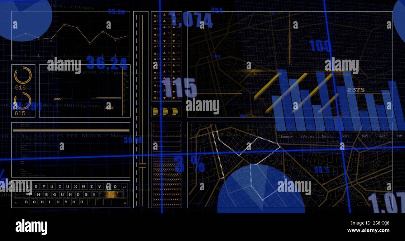 Image of scanner and data processing over diagrams Stock Photo