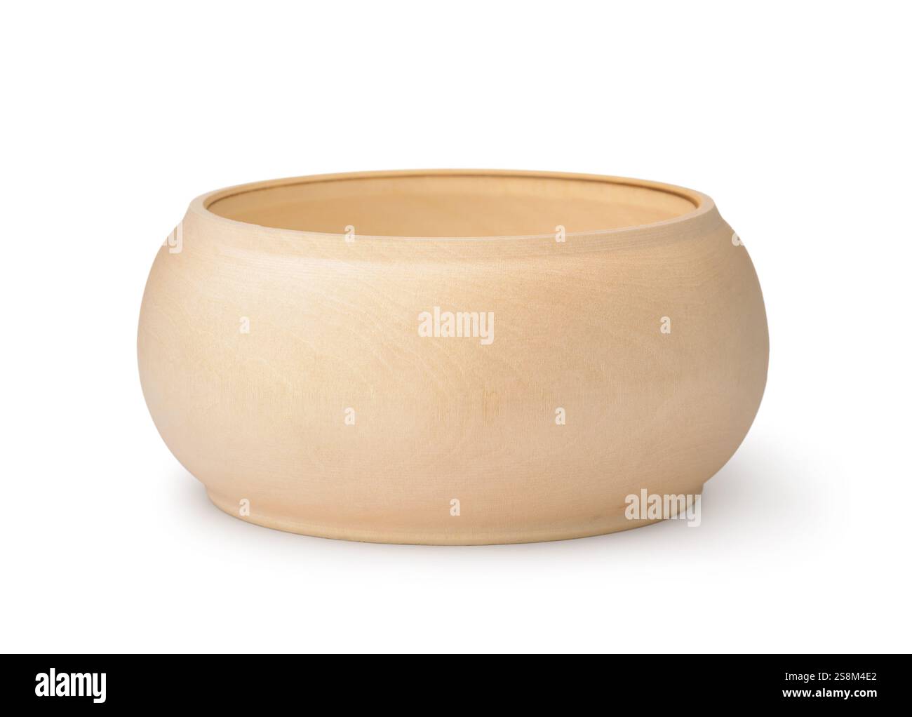 Open empty unpainted round wooden container isolated on white Stock Photo