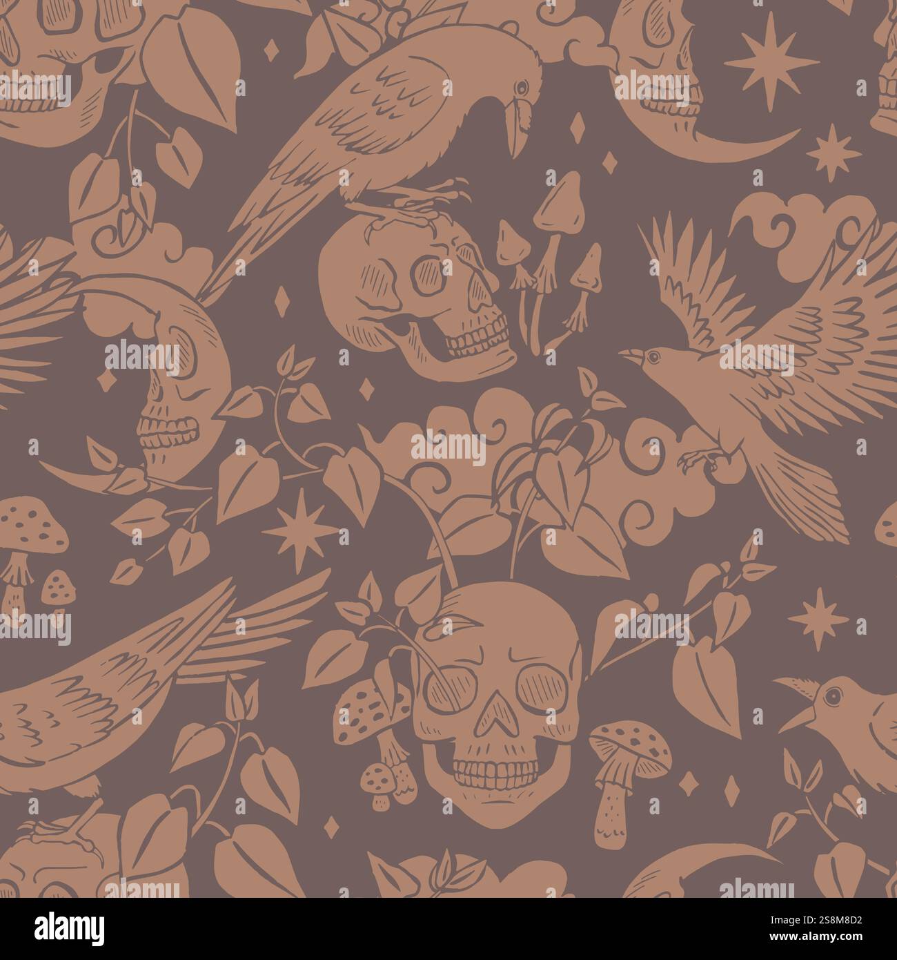 Brown monochrome seamless pattern with hand drawn inky ravens or crows sitting on human skulls Stock Vector