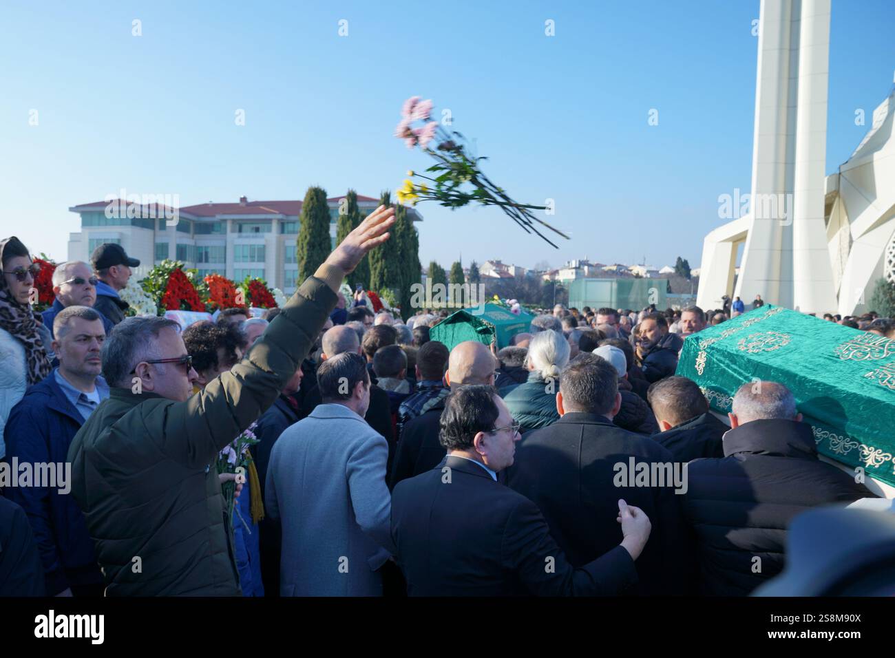 January 22, 2025, Uskudar, Istanbul, Turkey: Mourners carry two coffins