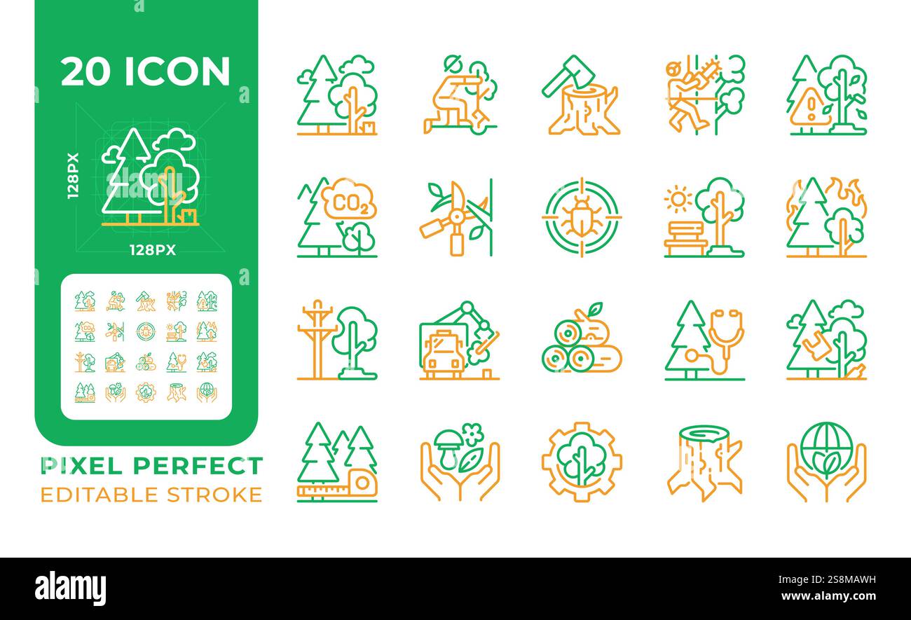 Tree services two color line icons set Stock Vector