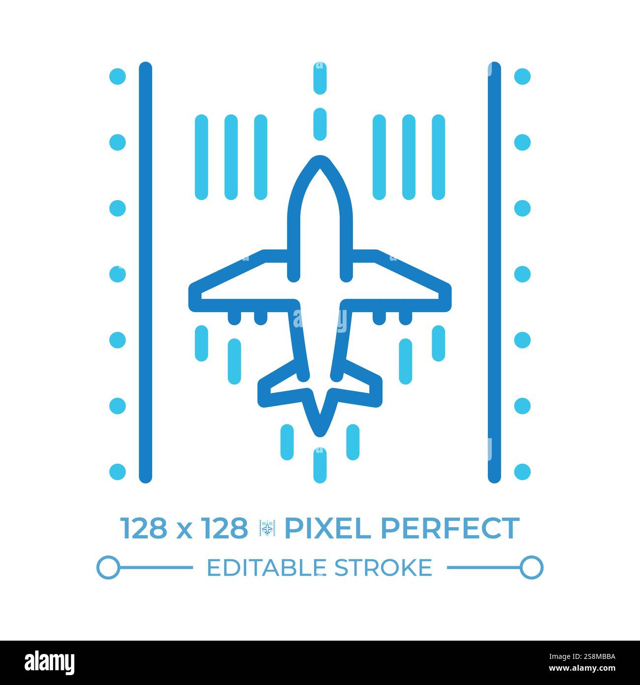 Airplane on runway two color line icon Stock Vector