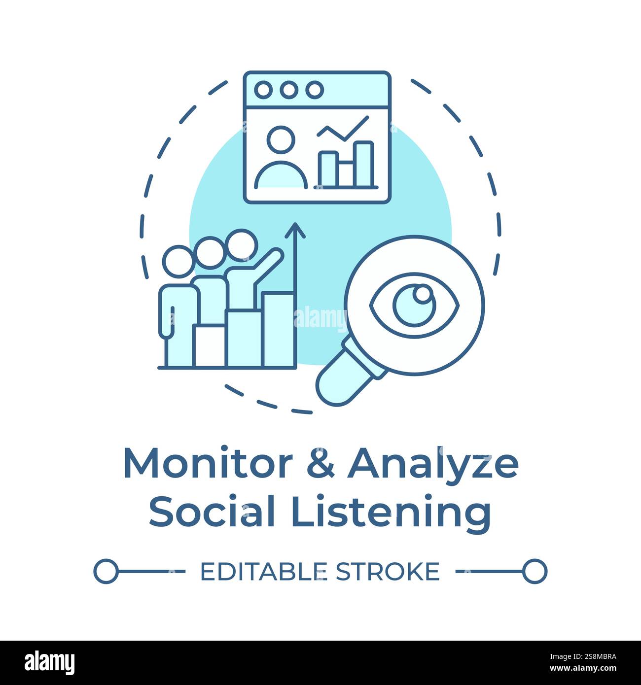 Social listening monitoring and analysis soft blue concept icon Stock ...