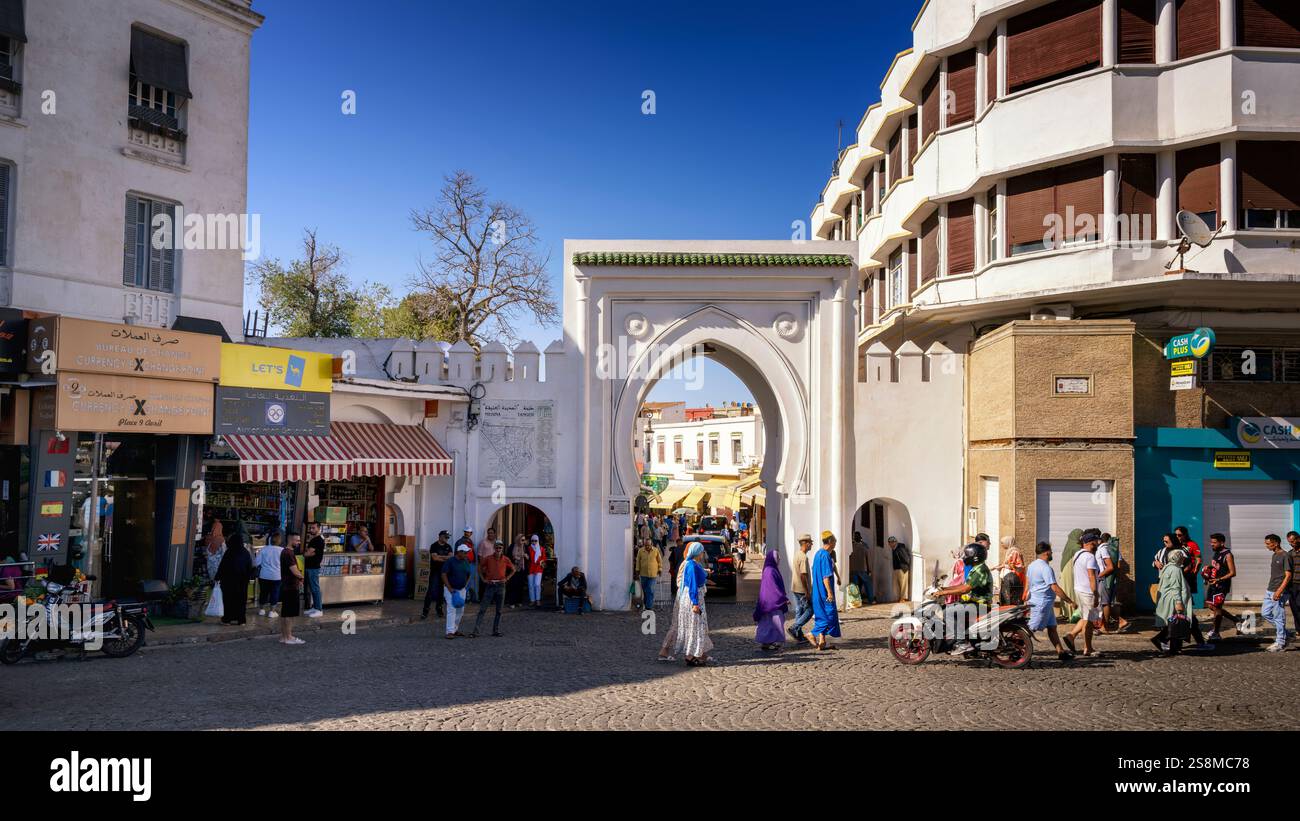 Tangier, Morocco. View of Bab Al Fahs or Bab Fass, one of the antique Medina's doors, from place du 9 Avril 1947. Moroccan cityscape. Stock Photo