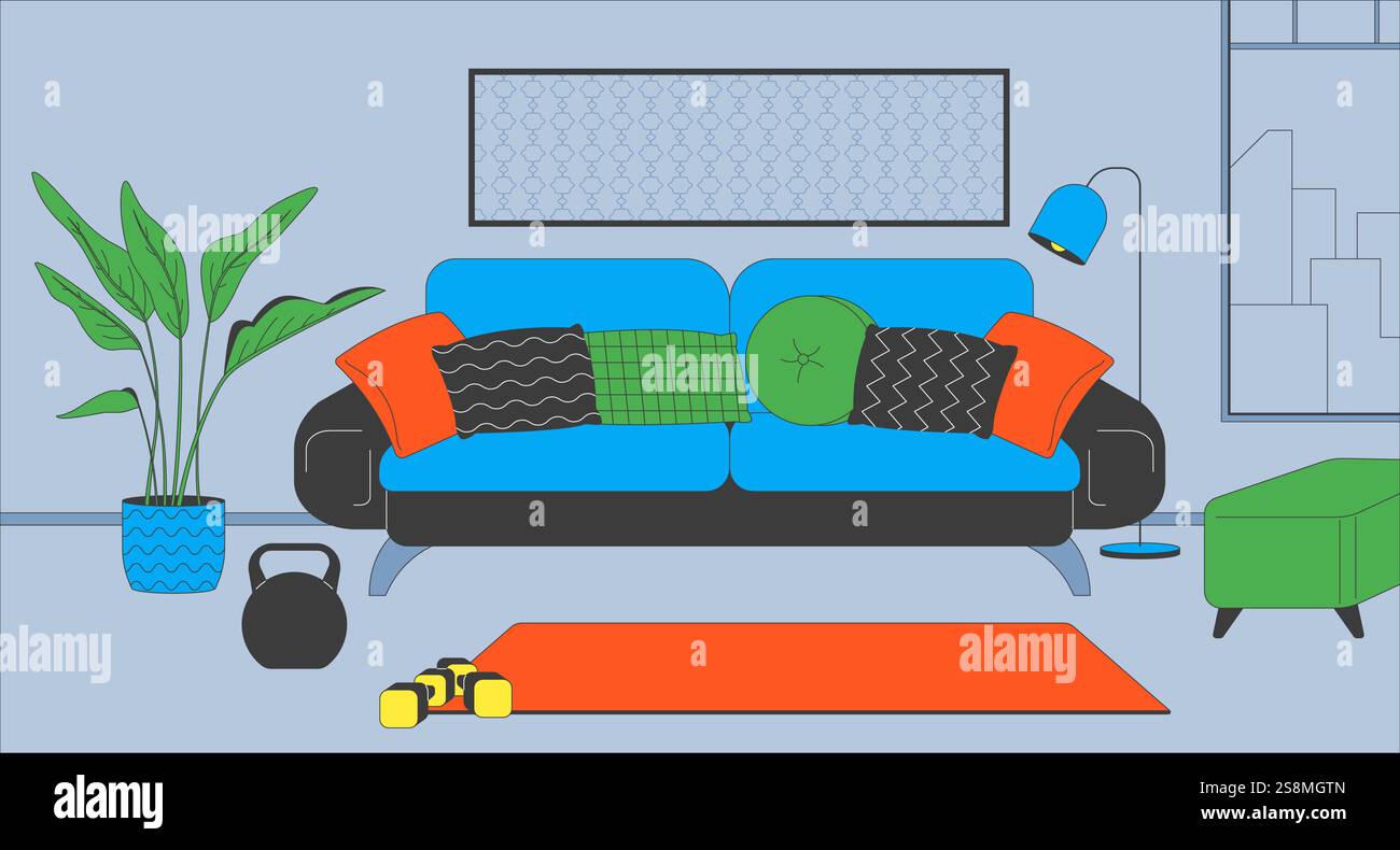 Cozy living room with fitness gear flat illustration Stock Vector Image ...