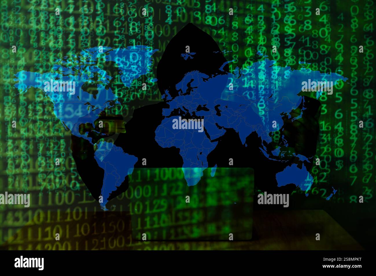 Computer hacker stealing data from a laptop Stock Photo