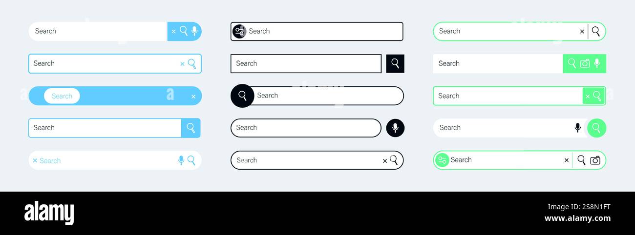 Search panel. Internet search bar web icons. Simple browser and web site user interface elements. Vector navigation bar UI with text field templates set. Stock Vector
