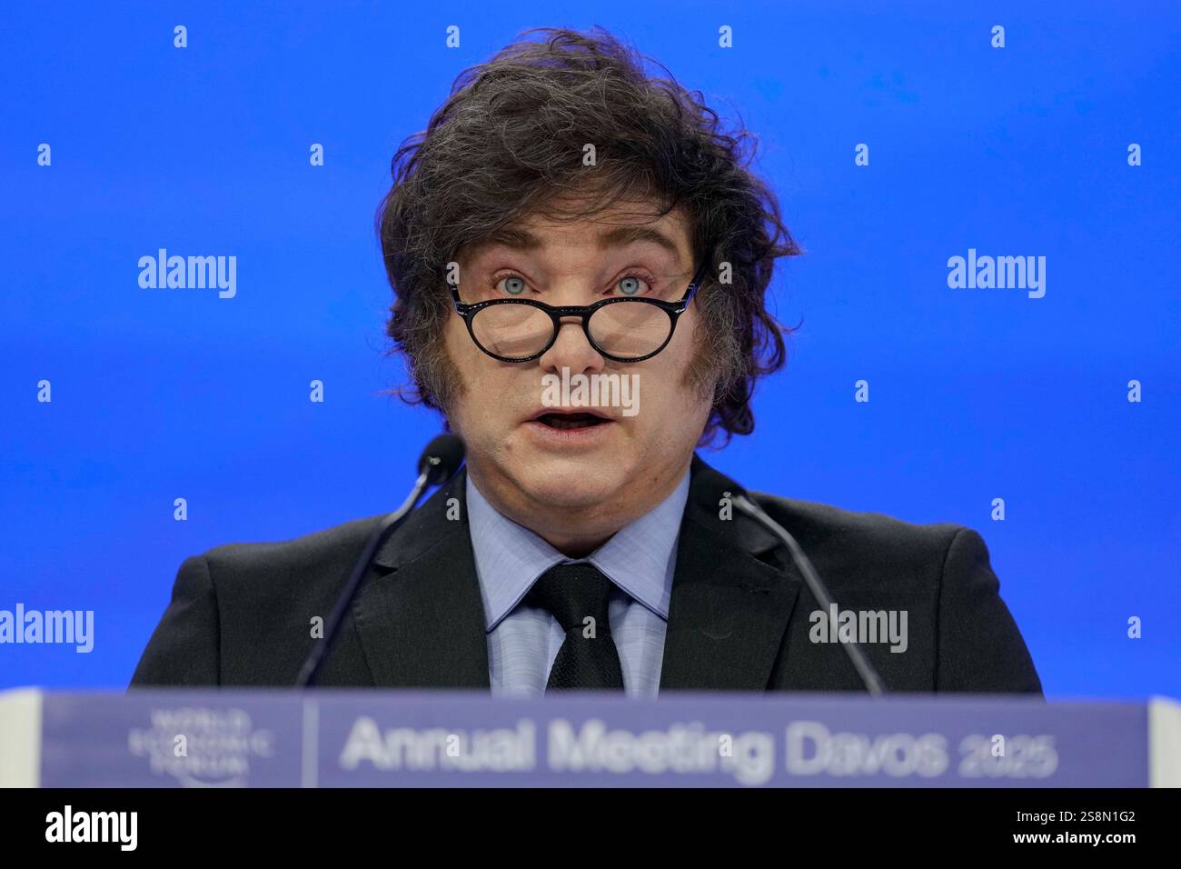 Argentina's President Javier Milei delivers his speech at the Annual