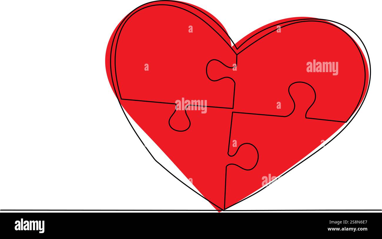 puzzle heart sketch continuous line drawing, vector Stock Vector