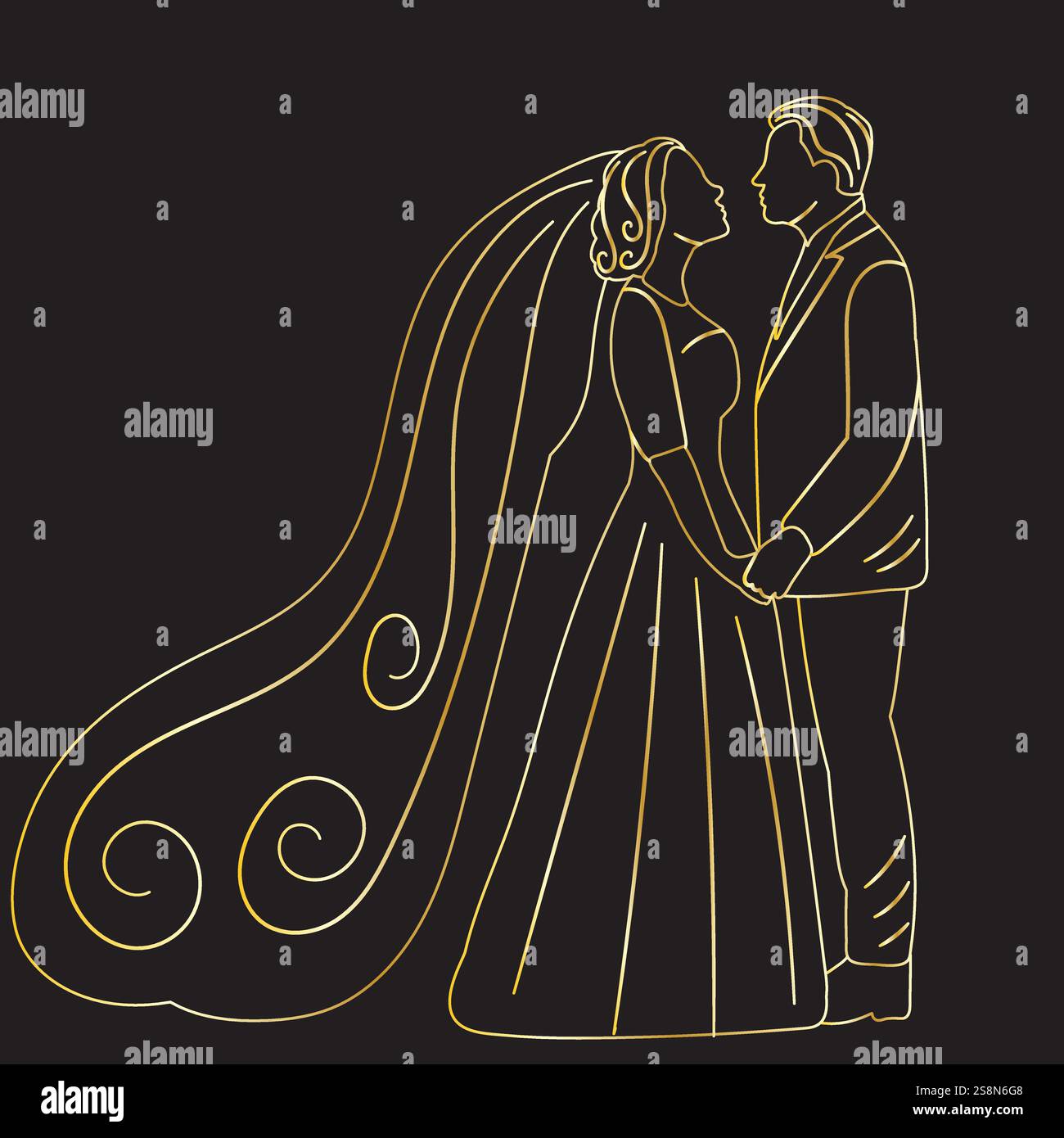 bride and groom golden sketch ,contour line isolated vector Stock ...