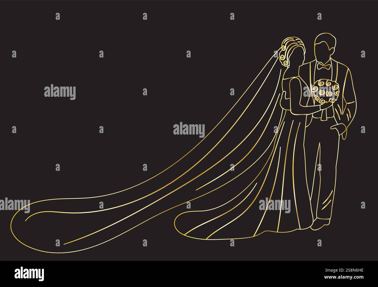 wedding bride and groom golden outline drawing by continuous line Stock ...