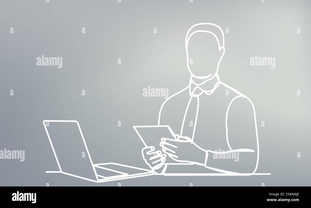 man with laptop sketch continuous line drawing, vector Stock Vector ...
