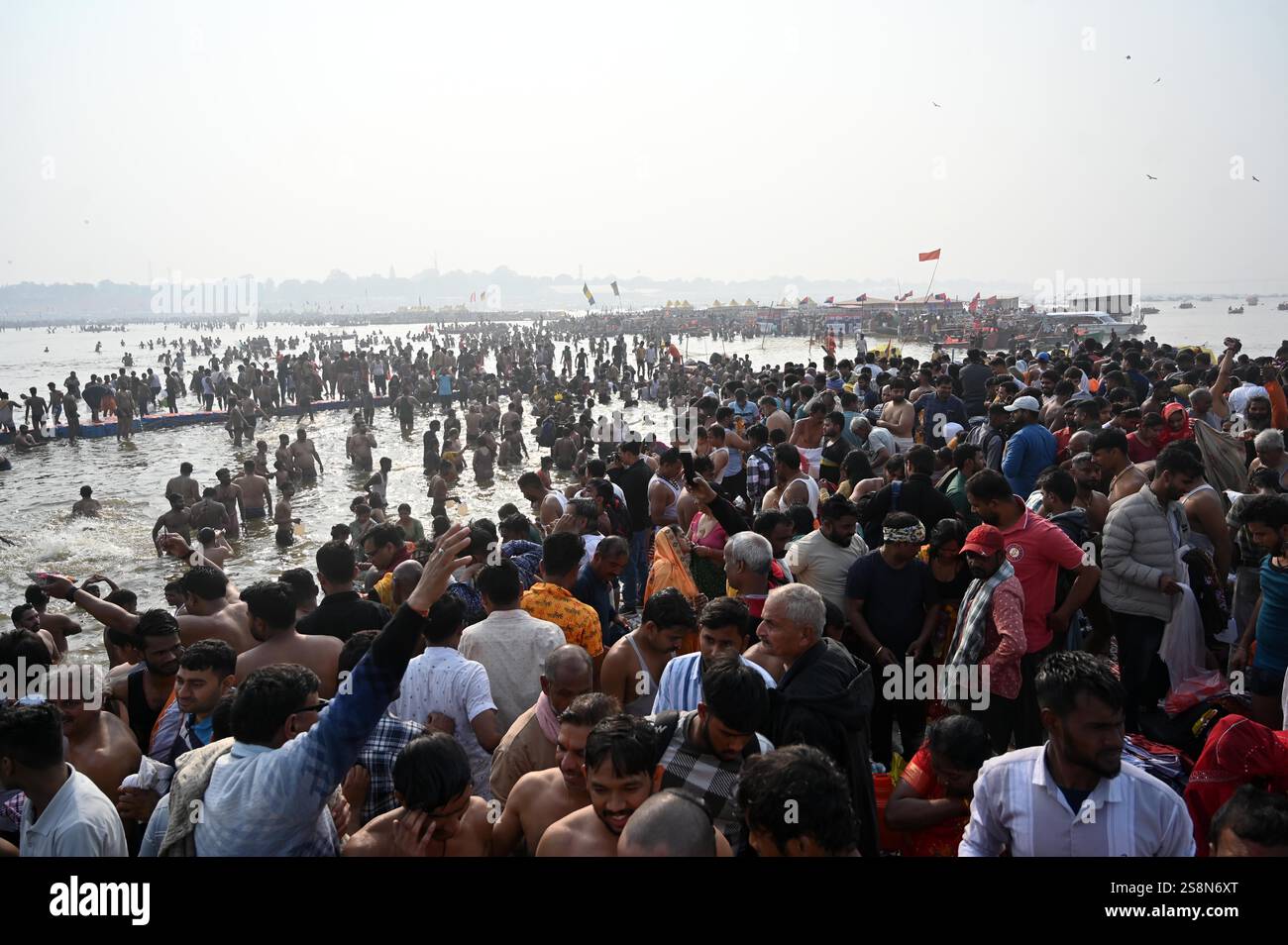 January 23, 2025 Prayagraj Devotee gather to take holydip at Sangam