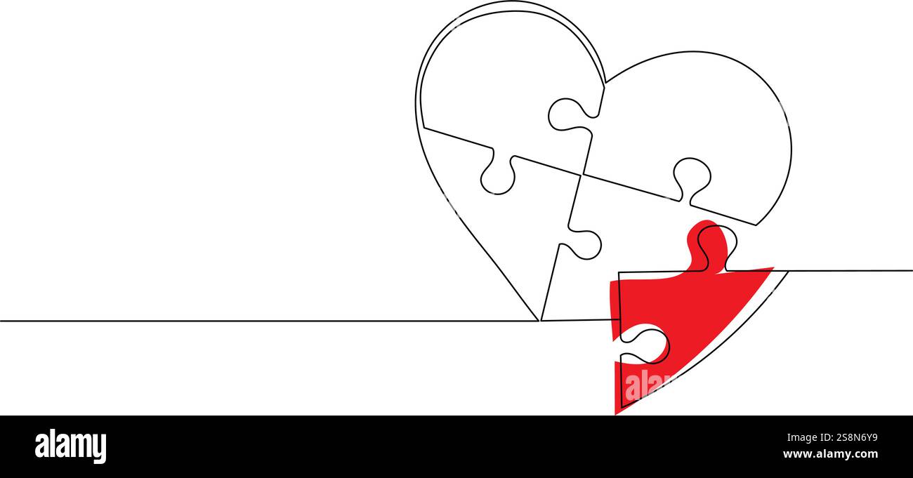 puzzle heart continuous line drawing, vector Stock Vector