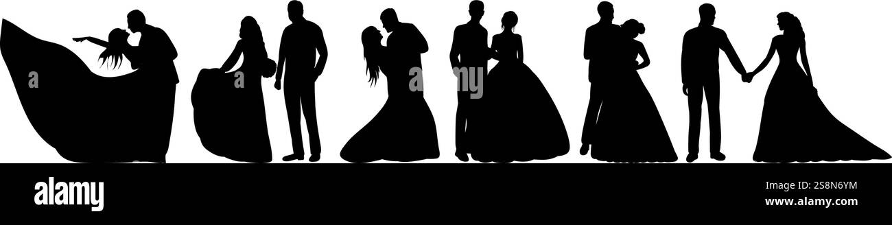 bride and groom set silhouette design vector isolated Stock Vector ...