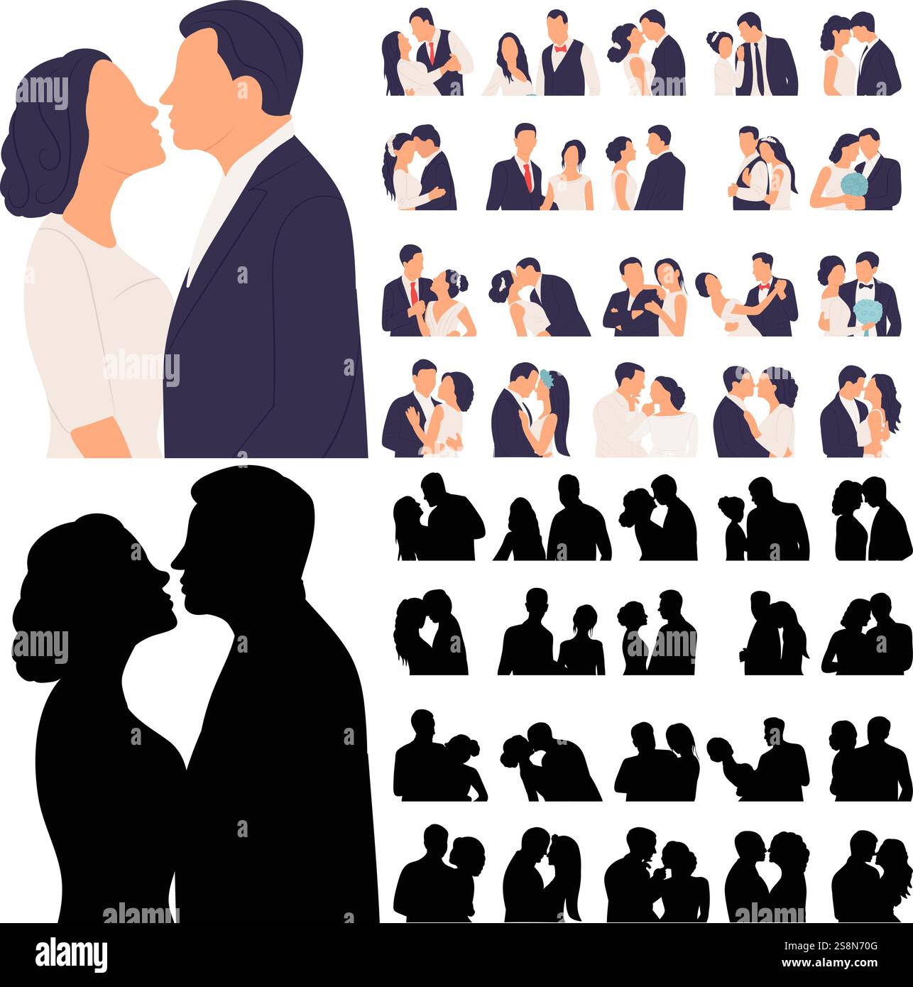 set portrait of the bride and groom in a flat style, isolated vector ...