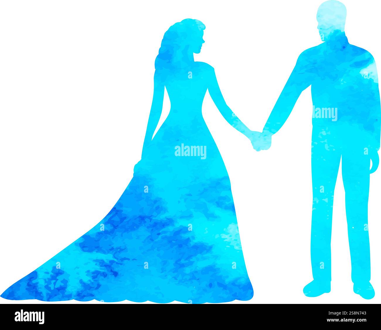 watercolor blue bride and groom silhouette design Stock Vector Image ...