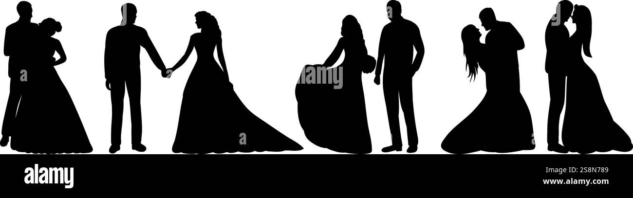 set of bride and groom silhouette, isolated vector Stock Vector Image ...
