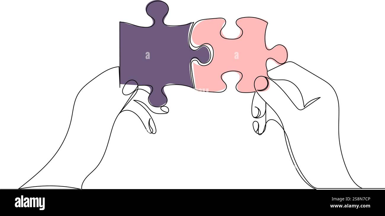 hands holding puzzle sketch continuous line drawing, vector Stock Vector
