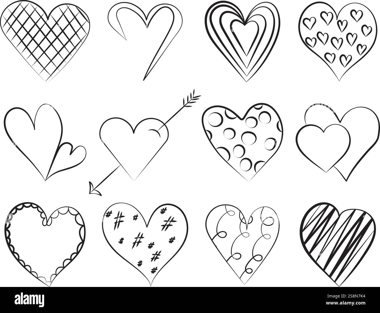 sketch, doodle ,contour line set of hearts isolated vector Stock Vector ...
