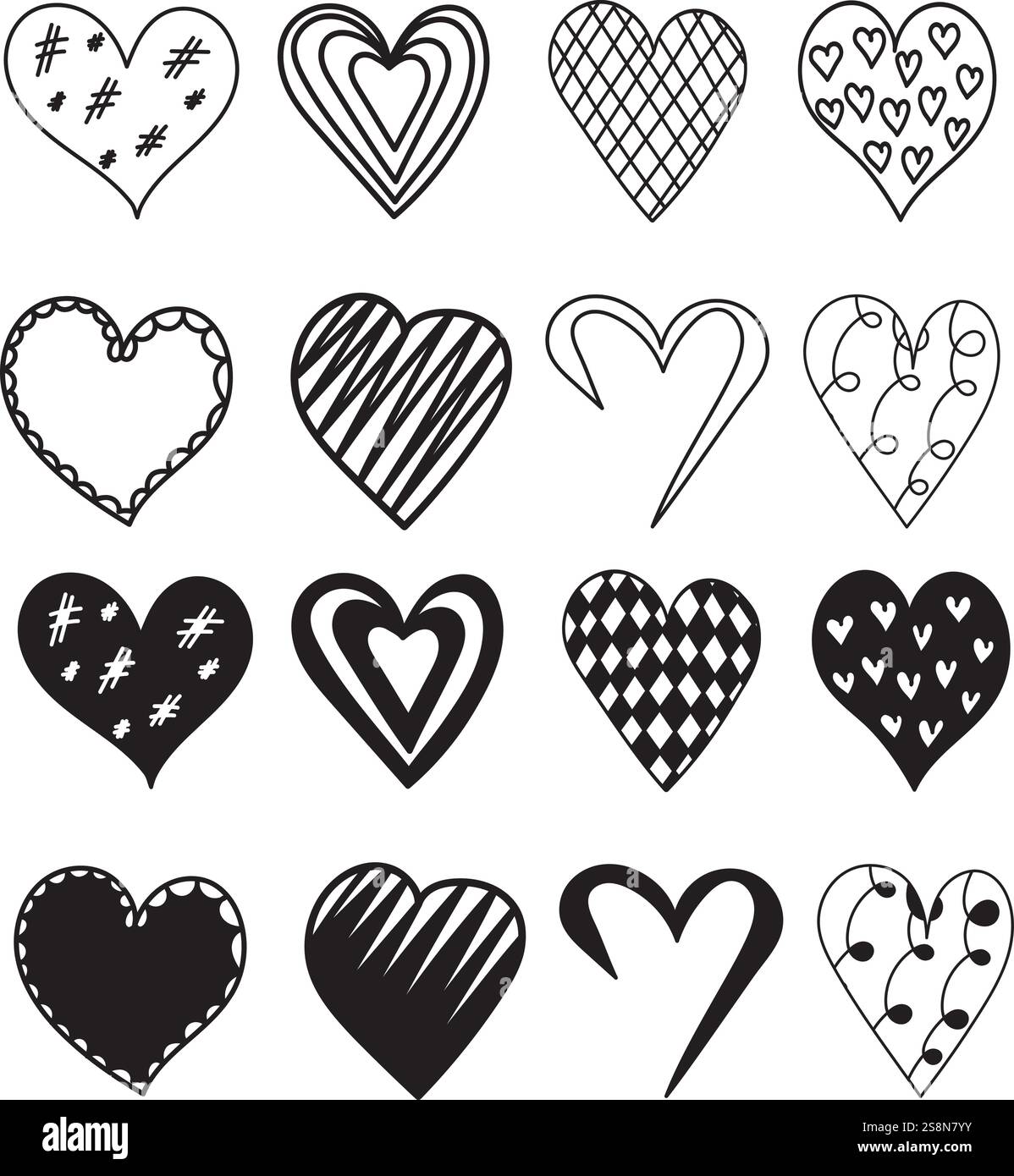 sketch, doodle ,contour line set of hearts isolated Stock Vector Image ...