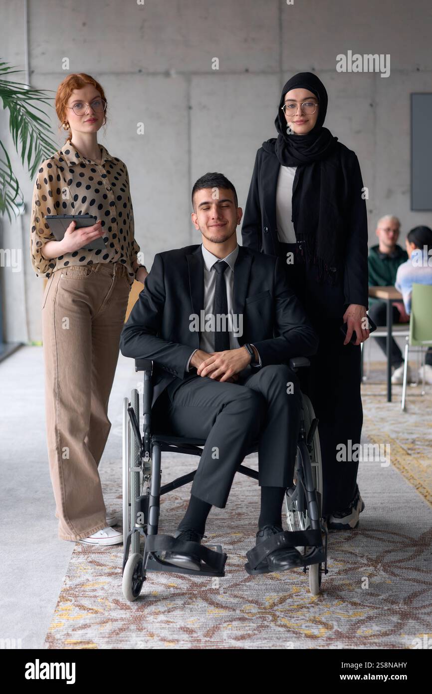 A diverse business team poses confidently, including a smiling director ...
