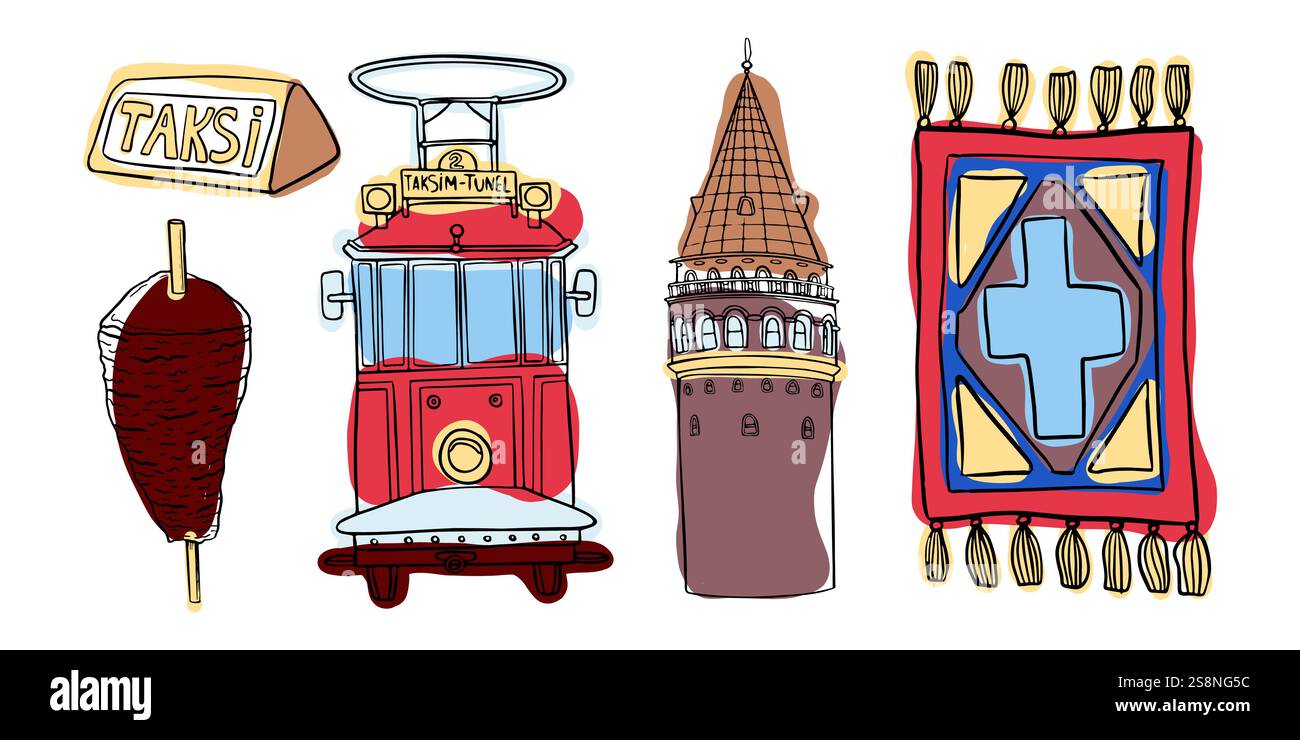 Istanbul icons including Galata Tower, tram, kebab, and Turkish carpet ...