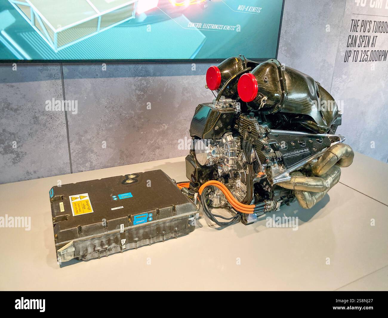 Close-up of the M10 1.6-Litre Hybrid Turbocharged Power Unit which won the 2019 FIA Formula One World Championship, for Mercedes with Lewis Hamilton - Smartphone Captured Stock Image