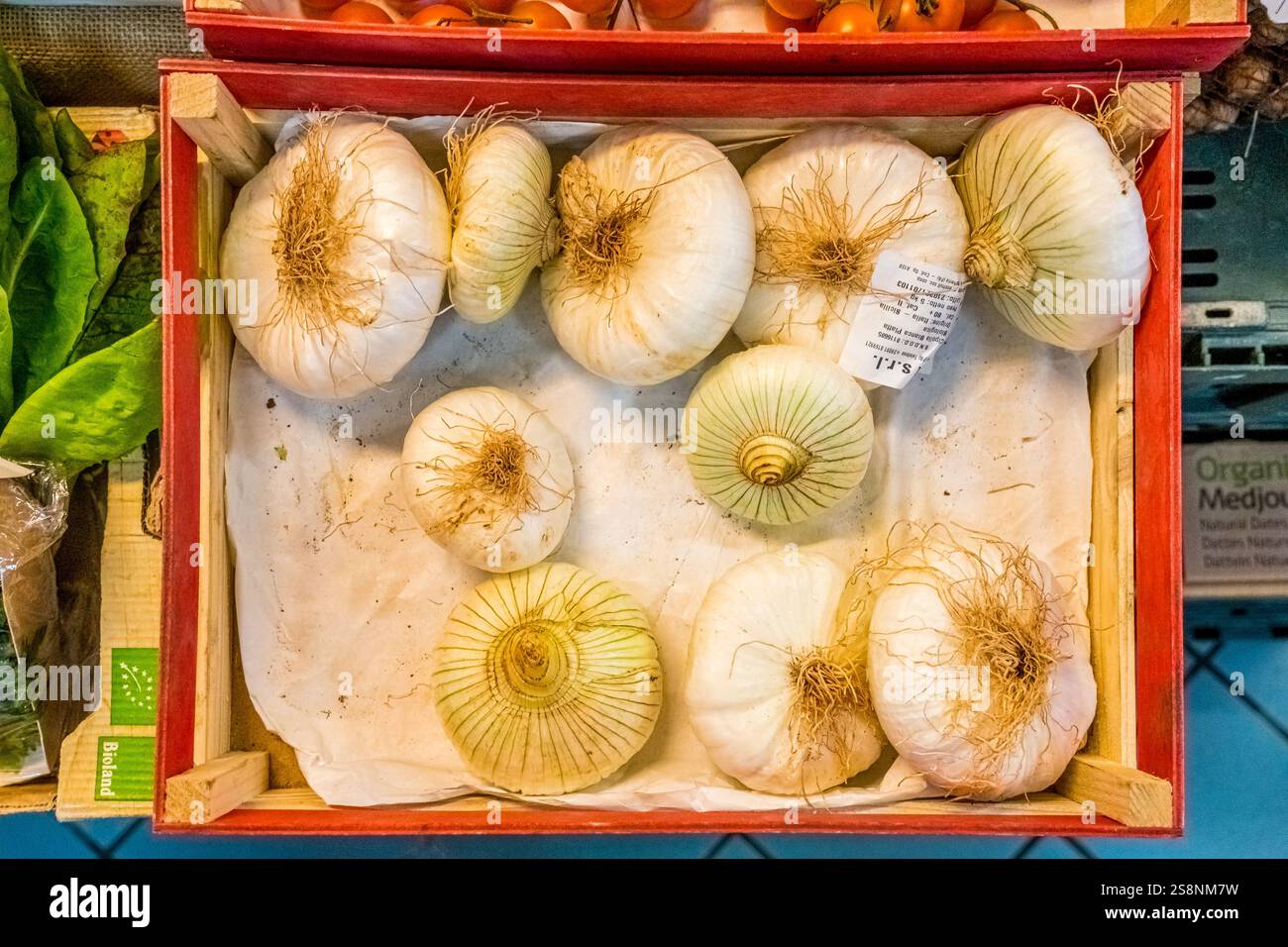 Lebensmittelmarkt, Zwiebeln im Korb, Cagliari, Europa, Metropolitanstadt Cagliari, Italien Stock Photo