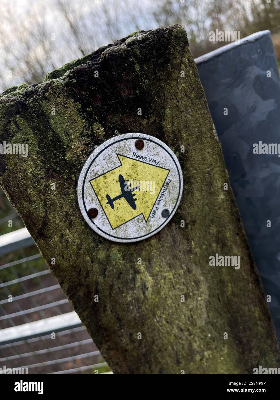 Footpath marker for the Reeve Way commemorating Flying Officer Clifford Reeve MBE, Godmanchester, Cambridgeshire - Smartphone Captured Stock Image