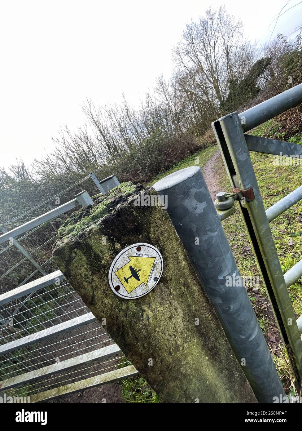 Footpath marker for the Reeve Way commemorating Flying Officer Clifford Reeve MBE, Godmanchester, Cambridgeshire - Smartphone Captured Stock Image