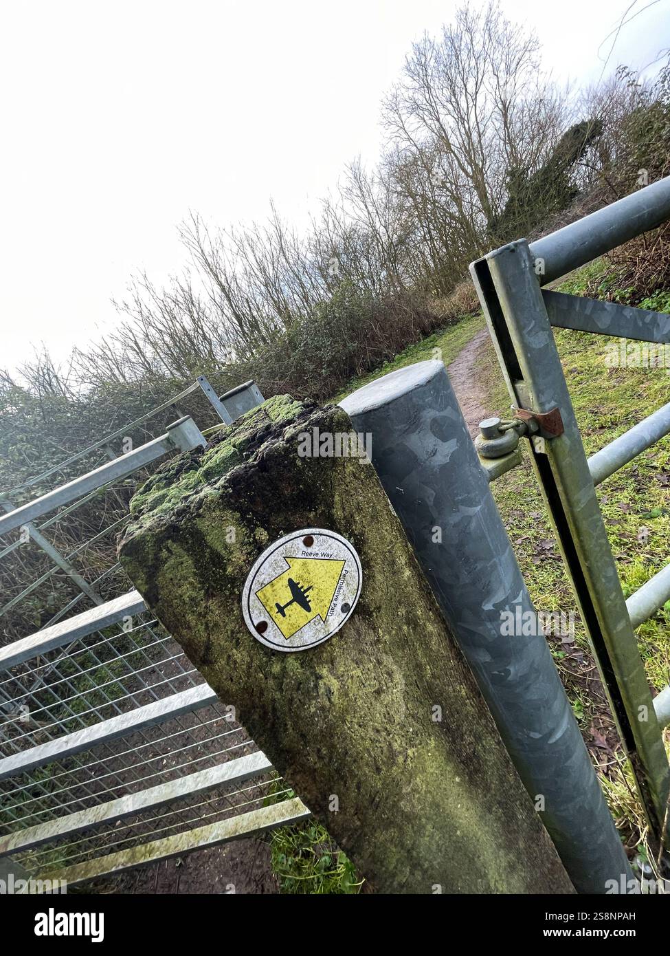 Footpath marker for the Reeve Way commemorating Flying Officer Clifford Reeve MBE, Godmanchester, Cambridgeshire - Smartphone Captured Stock Image