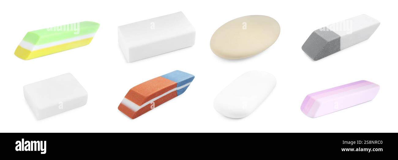 Many different erasers isolated on white, set Stock Photo