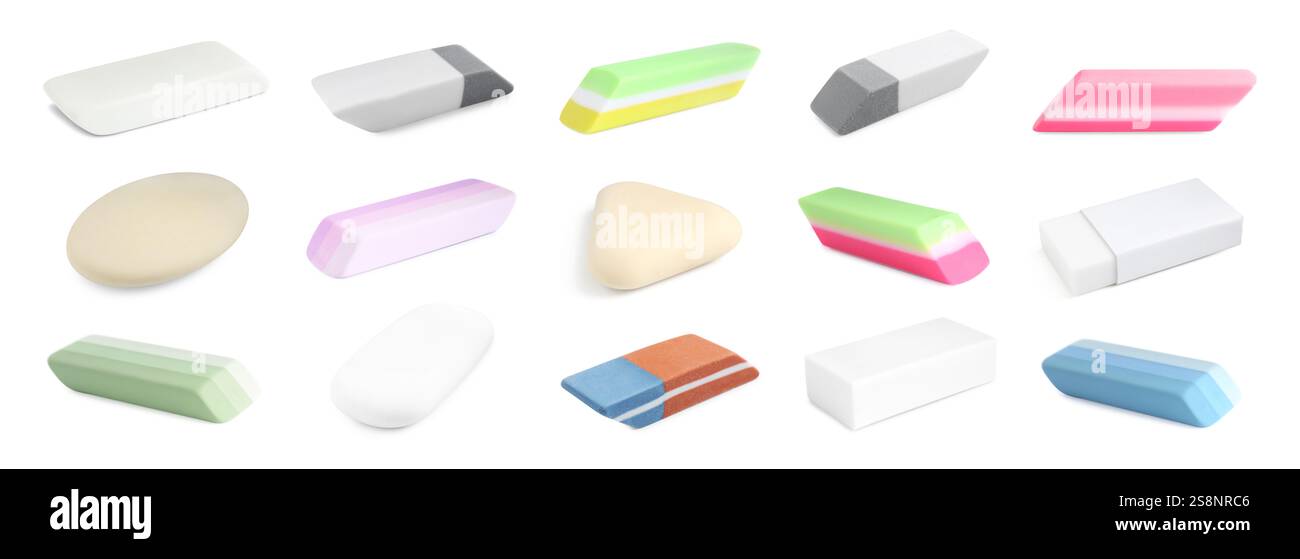 Many different erasers isolated on white, set Stock Photo