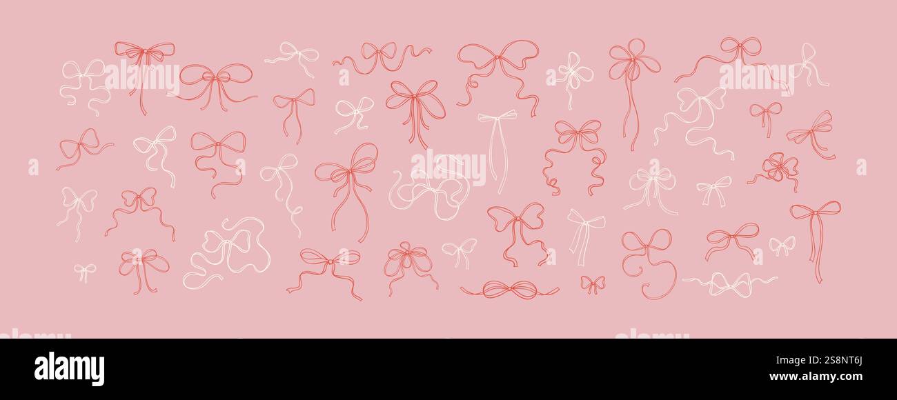 Set of hand drawn doodle whimsical ribbon bows. Sketchy scribble crayon ...