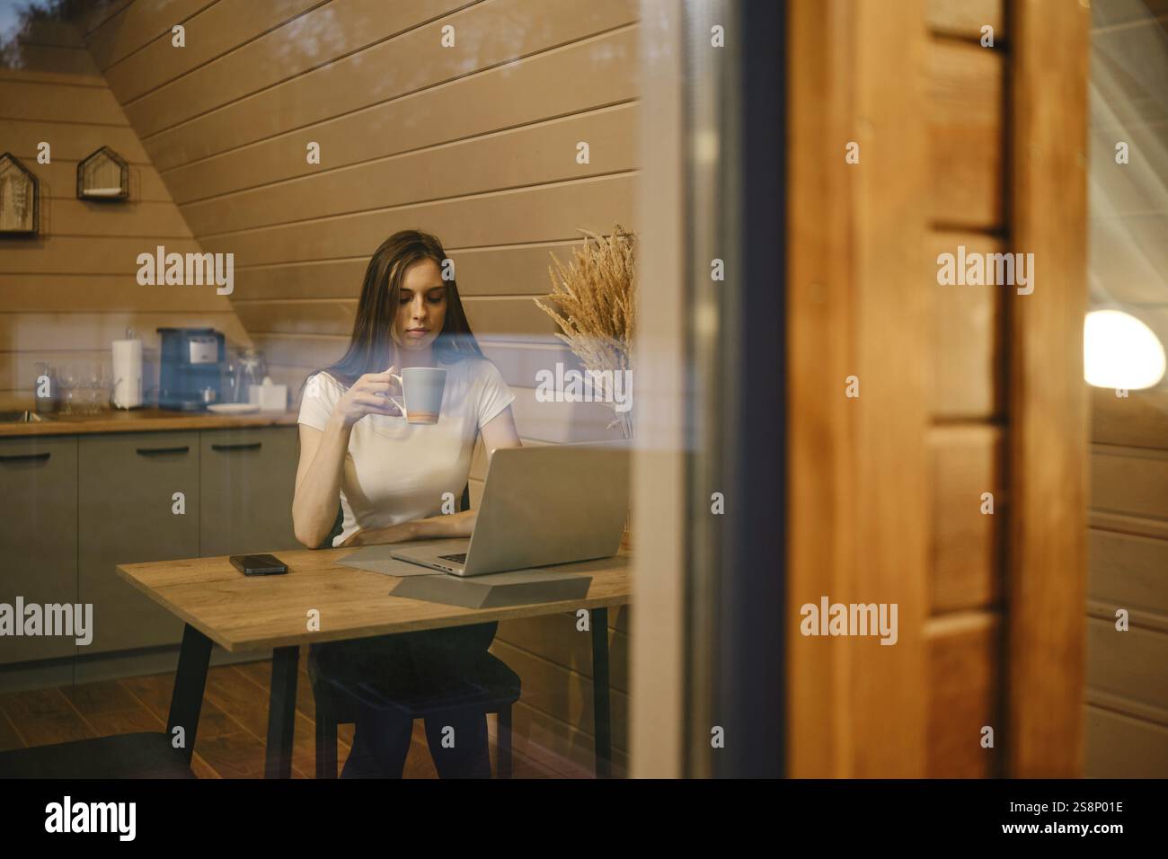 View from outside at a woman sitting at a table with cup of tea with laptop in log cabin in the evening Stock Photo