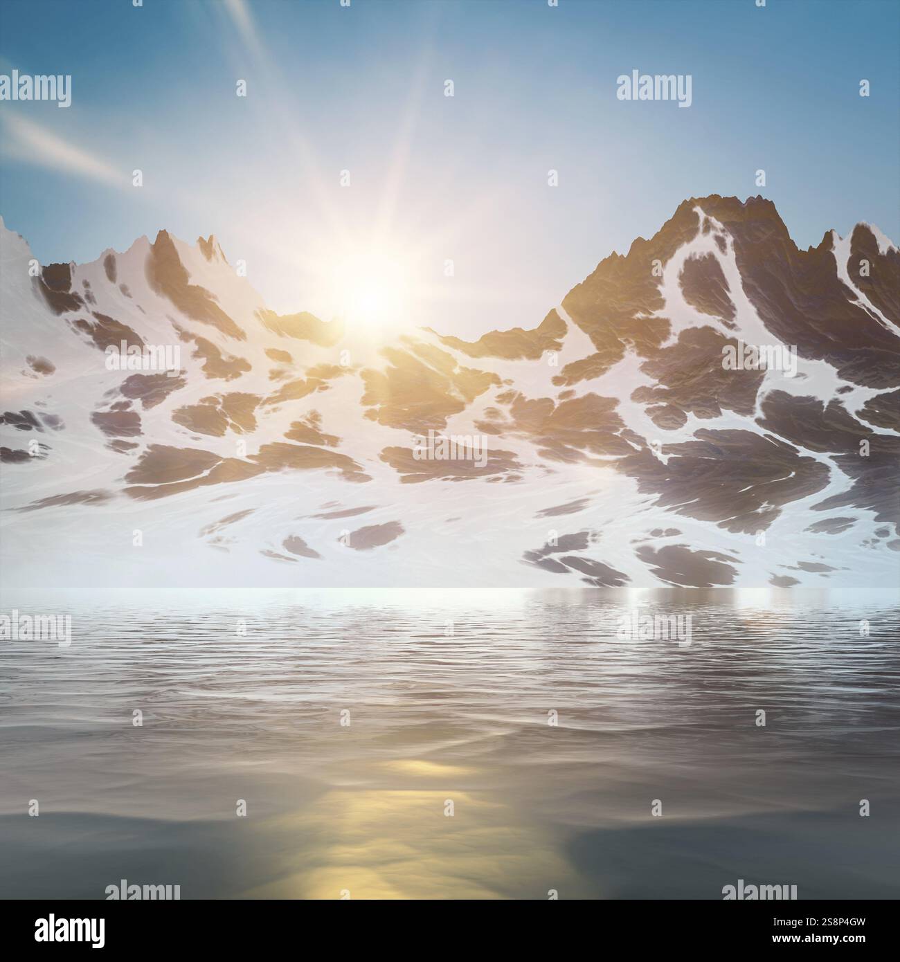 An illustration of a winter mountain lake sunset scenery Stock Photo ...