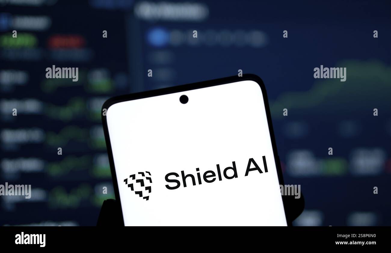 Shield ai logo is displayed on smartphone. Shield AI is an American aerospace and arms technology company Stock Photo