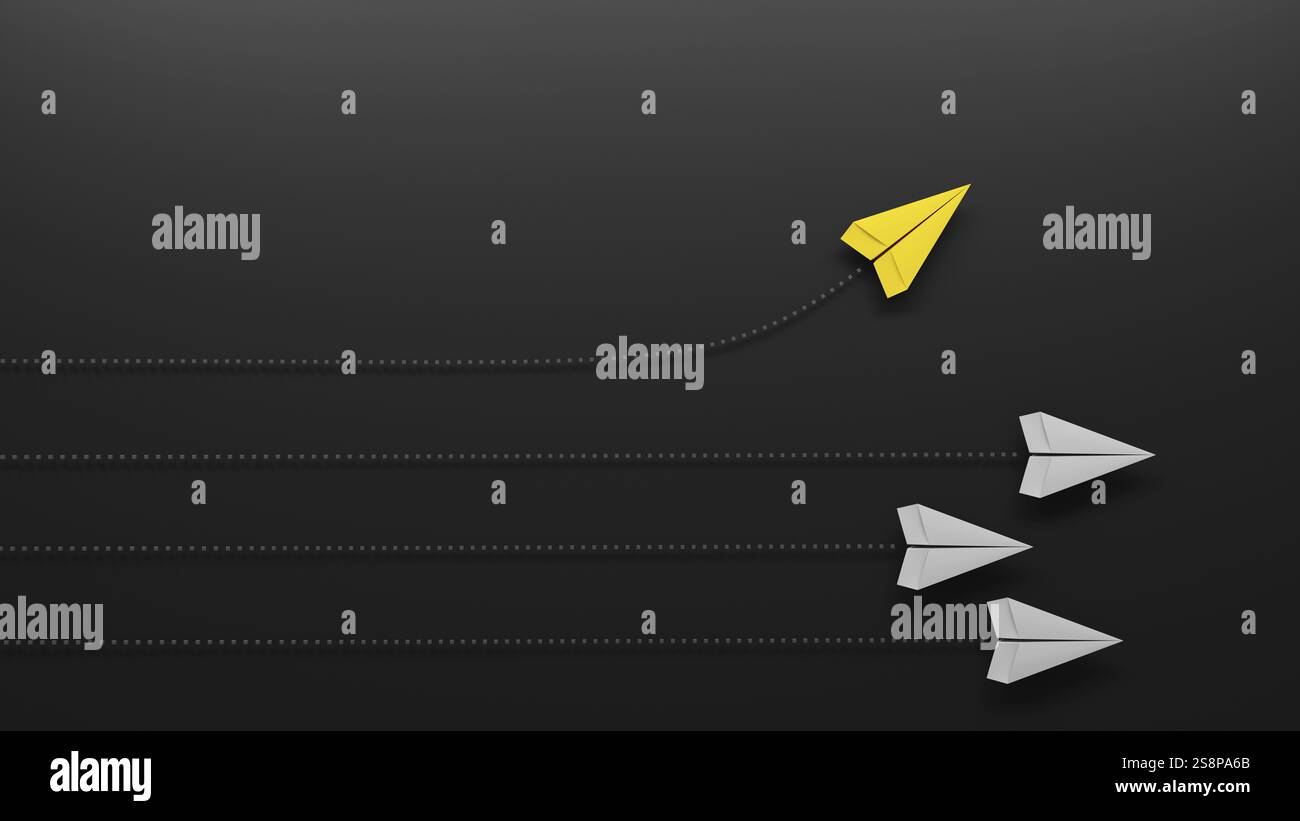 Group of paper planes flying in one direction and one turning in ...