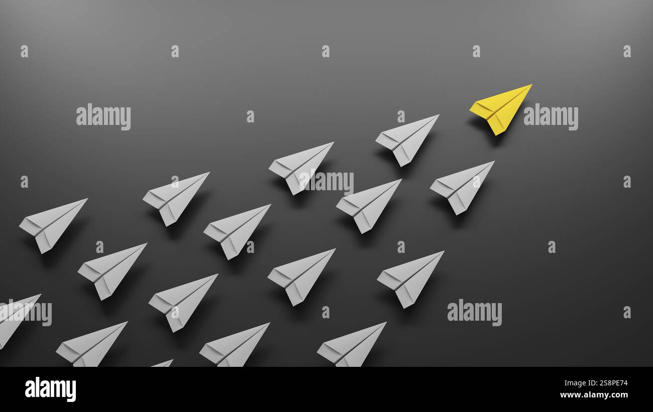 Group of paper planes flying in one direction and one is the leader ...