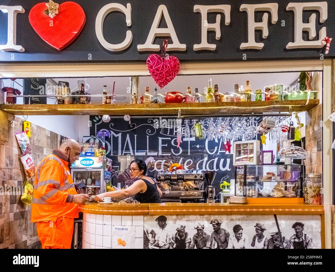 Food market, Coffee bar, I love Caffe, Cagliari, Europe, Metropolitan city of Cagliari, Italy Stock Photo