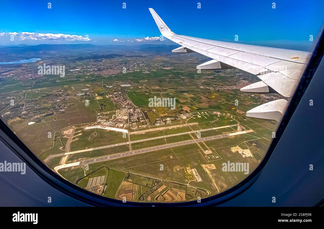 Aerial view, view from the airplane onto the airplane wing, overview ...