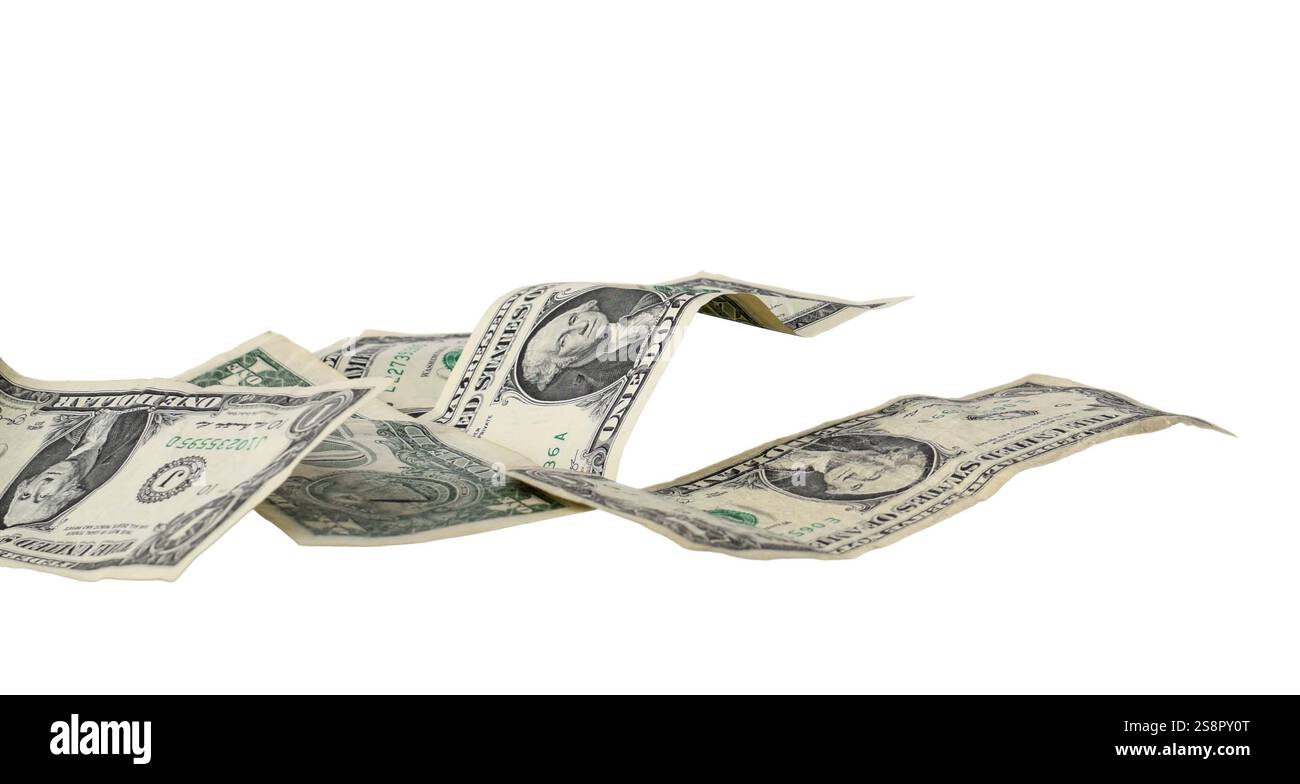Angle view of crumpled scattered US dollars paper money cash isolated cutout on white Stock Photo
