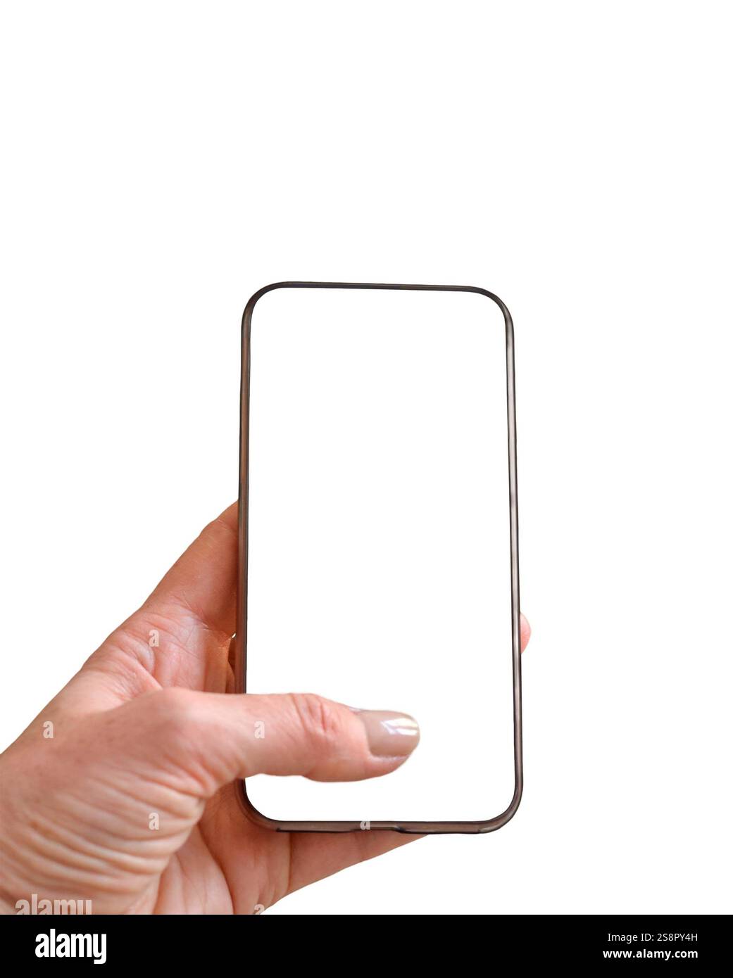 Person's hand holding mobile phone with transparent blank screen ...