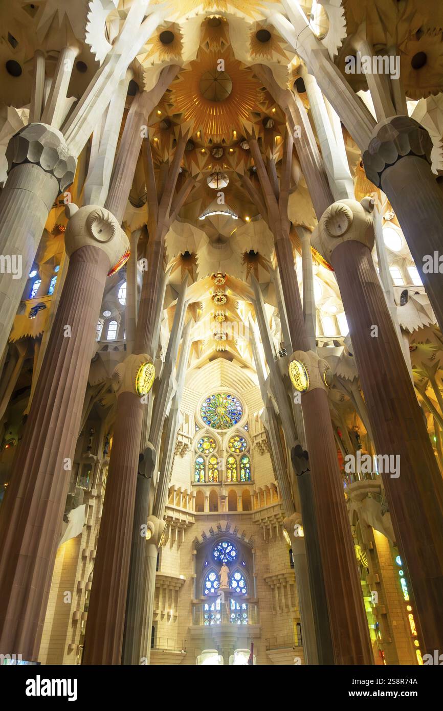 Interior view of the sagrada familia in barcelona, showing inclined ...